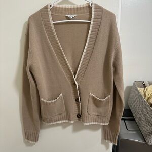 Elegant Tan Cardigan with White Accents